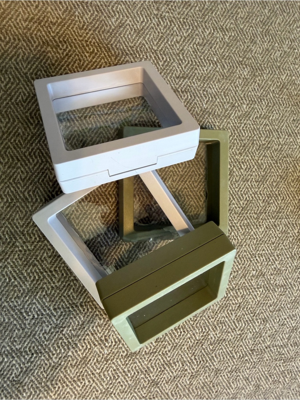 Display Boxes with window. Acrylic green and gray 2.75x2.75 NWOT